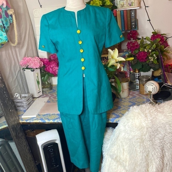🌷 Casual Corner🌷 Vintage Turquoise Gold Button Blazer & Skirt Set Petite - Picture 3 of 10